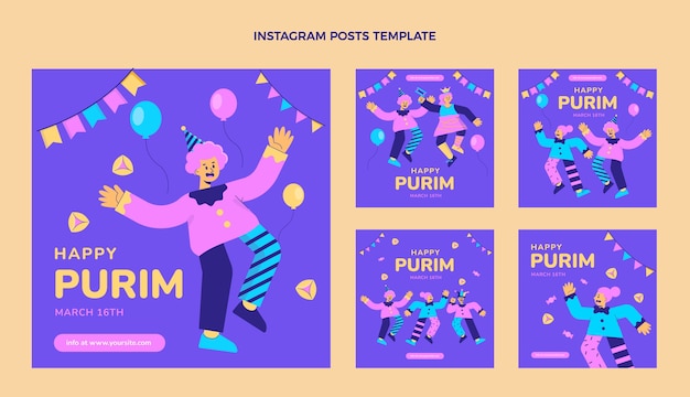 Free Vector flat purim instagram posts collection