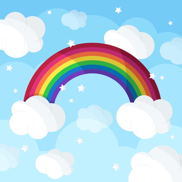 Flat rainbow and clouds concept