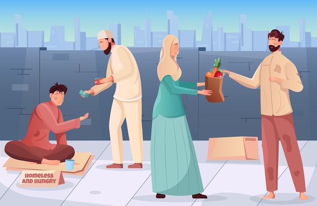 Free vector flat ramadan charity background with muslim people giving money and food to hungry and homeless illustration