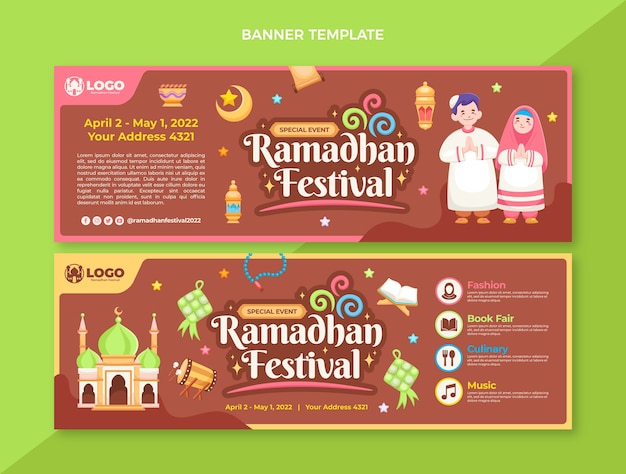 Flat ramadan horizontal banners set