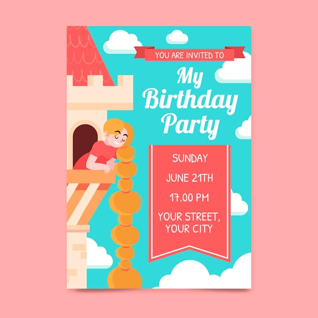 Flat rapunzel birthday invitation