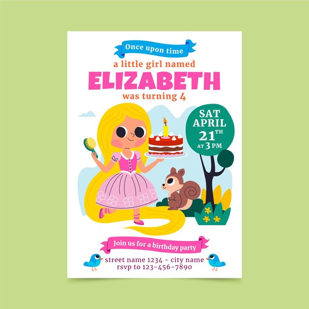 Flat rapunzel birthday invitation