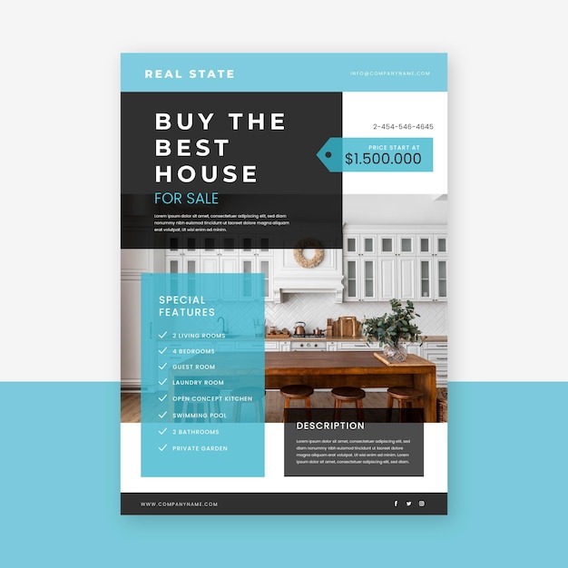 Flat real estate poster template with photo