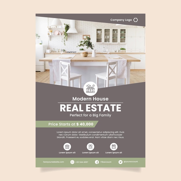 Free vector flat real estate poster template with photo