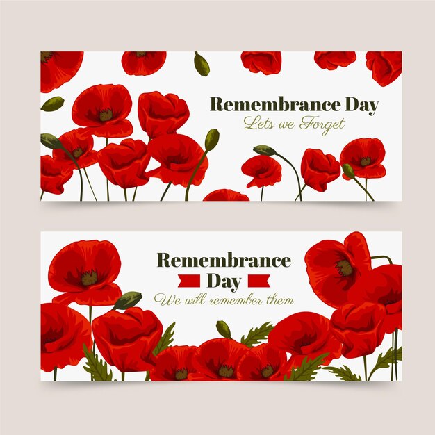 Flat remembrance day horizontal banners set