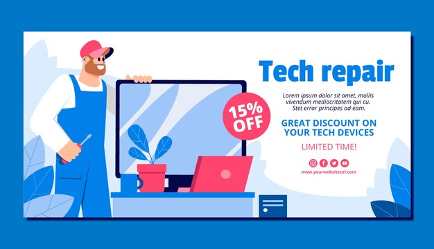 Flat repair shop business sale banner template