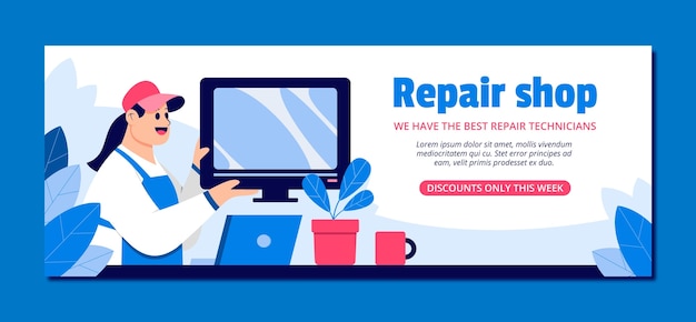 Free Vector flat repair shop business social media cover template