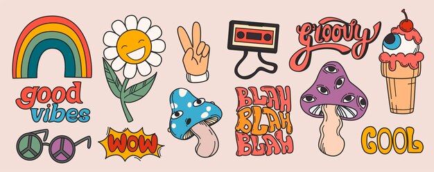 Flat retro 70s hippie stickers psychedelic groovy elements