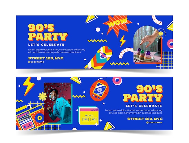 Flat retro 90s party horizontal banners pack