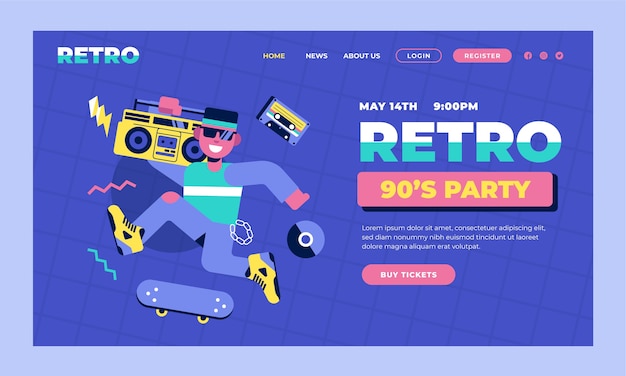 Free Vector flat retro 90s party landing page template