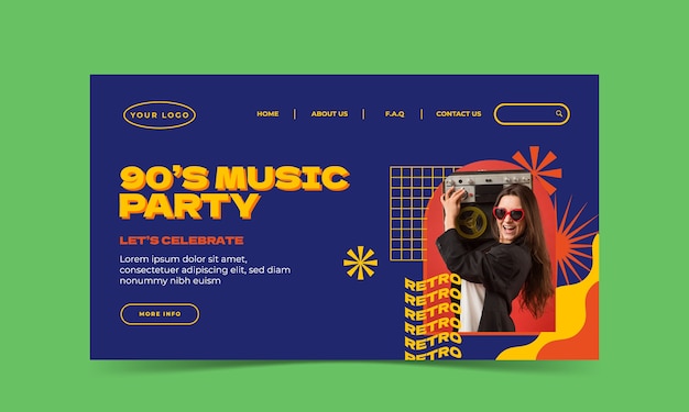 Flat retro 90s party landing page template