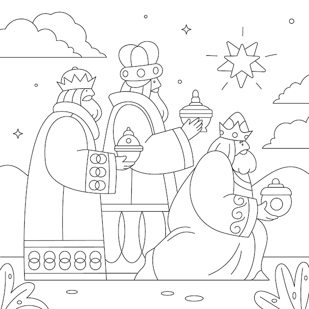 Free vector flat reyes magos coloring page illustration