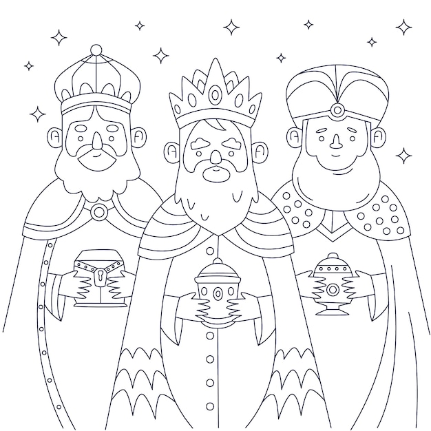 Flat reyes magos coloring page illustration