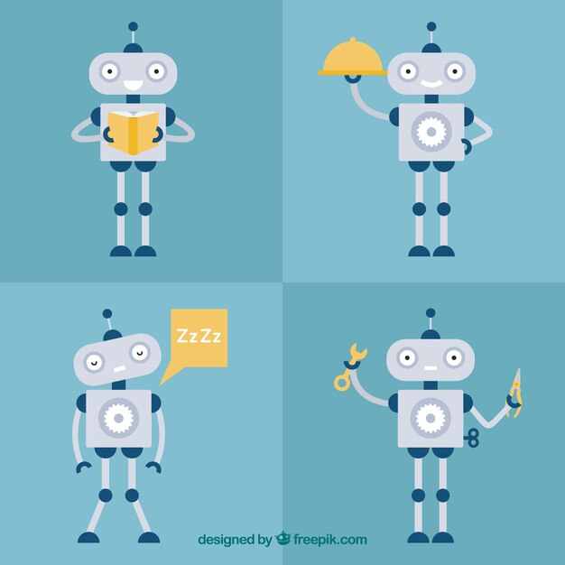 Flat robot character with different poses collection