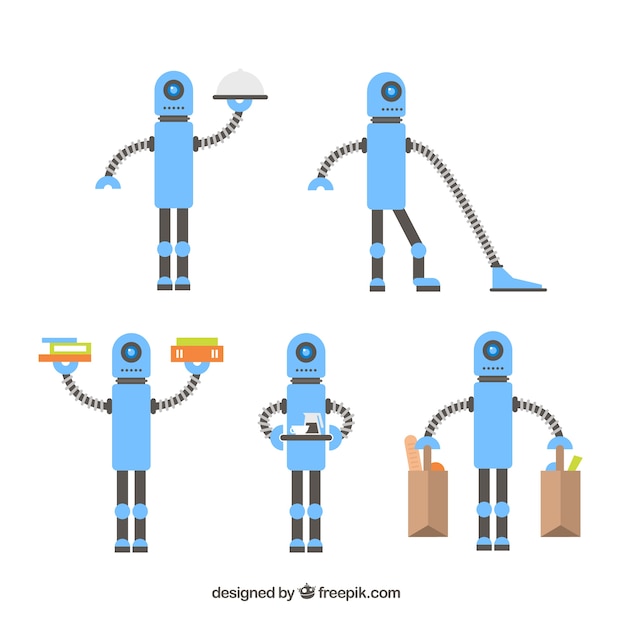 Flat robot character with different poses collection