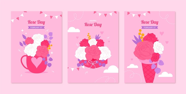 Free Vector flat rose day greeting cards collection