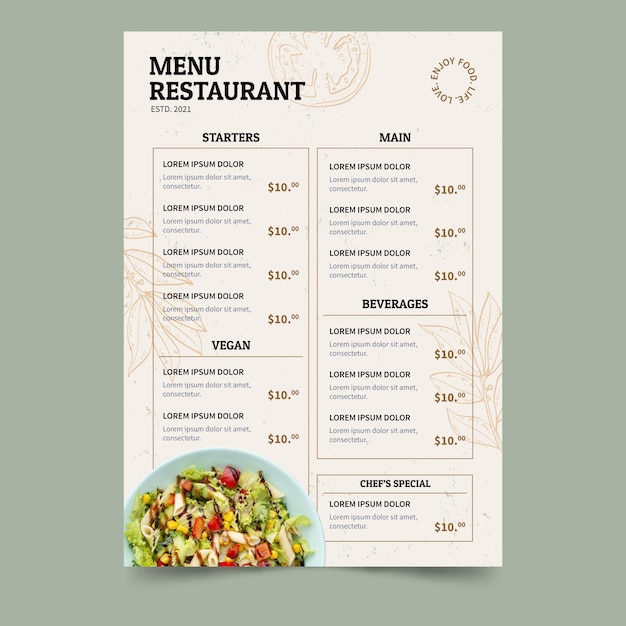 Flat rustic vegan restaurant menu with photo