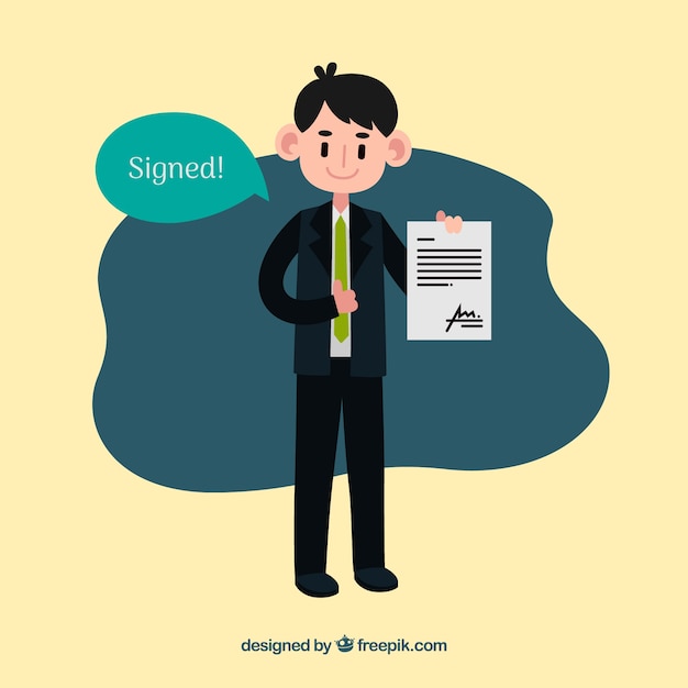 Flat salesman character holding contract document