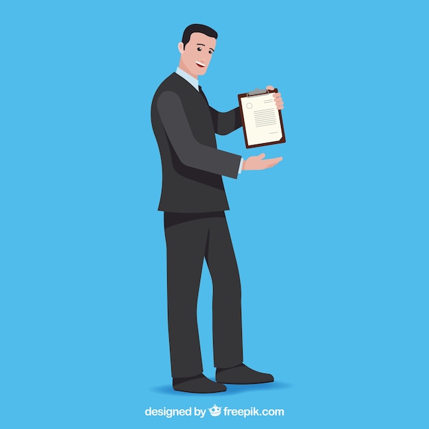 Flat salesman character holding contract document