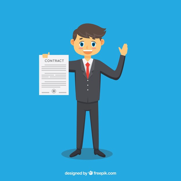 Flat salesman character holding contract document