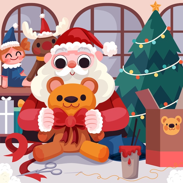 Flat santa workshop illustration