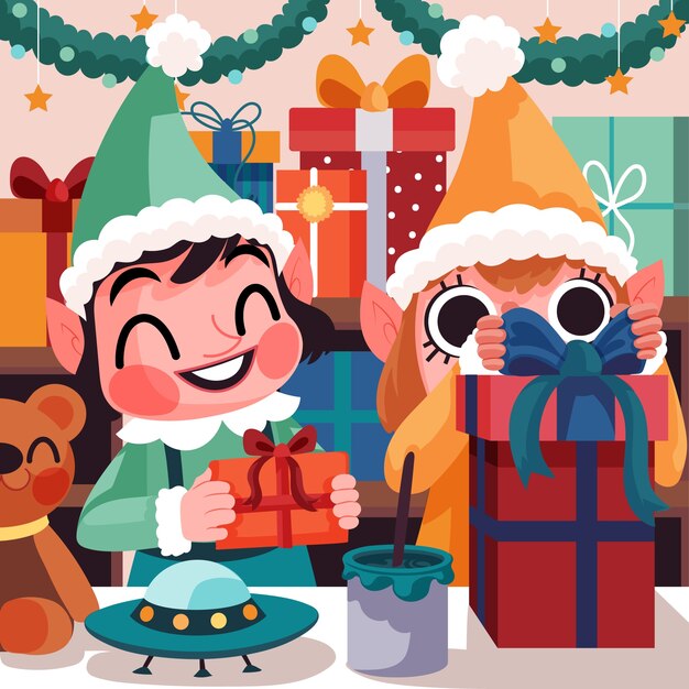 Flat santa workshop illustration