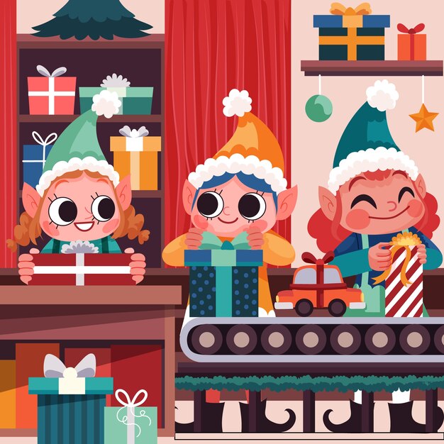 Flat santa workshop illustration