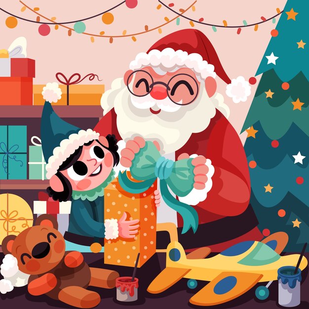 Flat santa workshop illustration