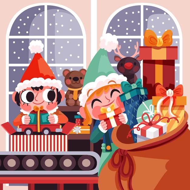 Flat santa workshop illustration