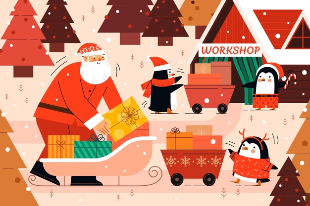 Flat santa workshop illustration