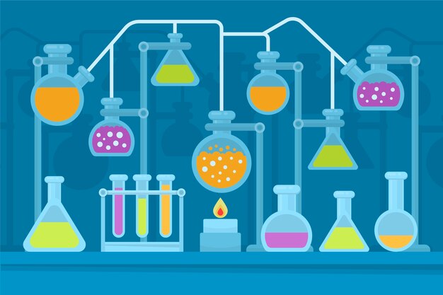 Flat science lab chemistry glassware and flames