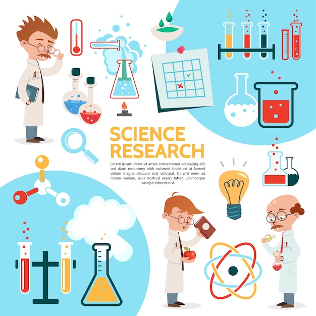 Flat science template with scientific research experiments scientists flasks tubes bottles bulb