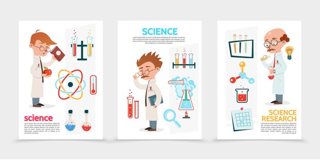 Flat scientific research posters with scientists flasks tubes magnifier note bulb atom and molecule