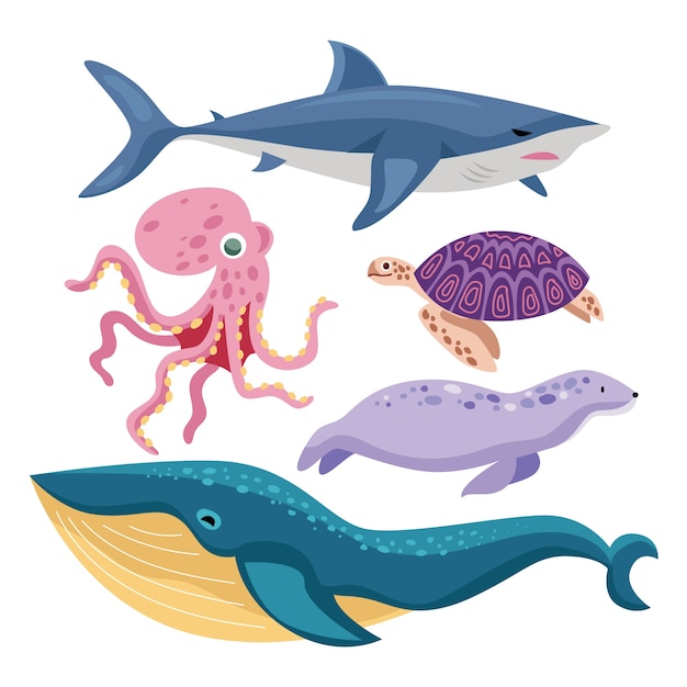 Flat sea animals collection