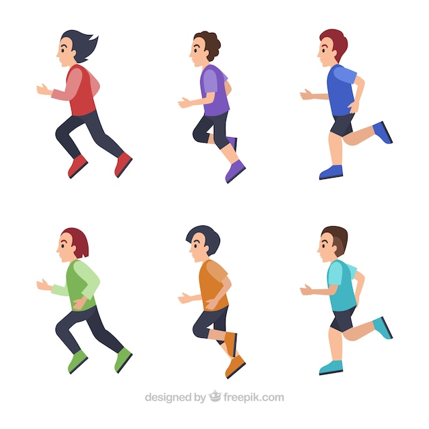 Flat selection of six men running