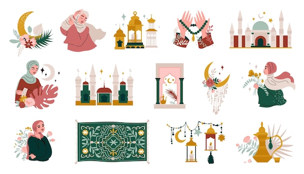 Free Vector flat set of accessories and interior objects in boho style islamic buildings and women isolated vector illustration