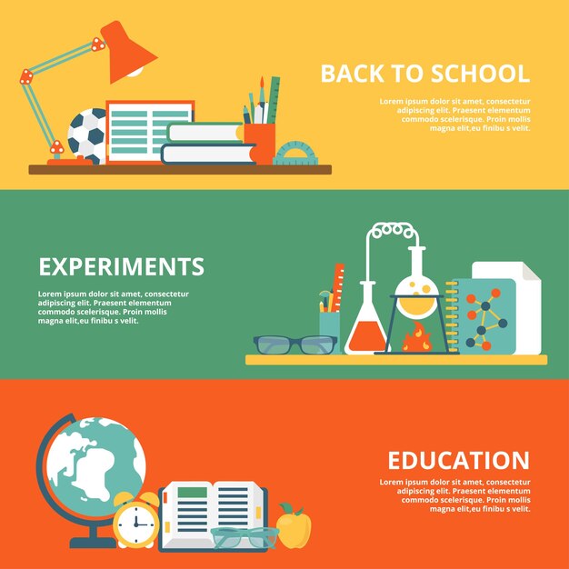 Flat set of back to school, science experiments, education website hero images  illustration. Educational and knowledge concept. Homework student table, flask and test tube, globe and book.