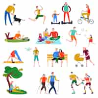 Free vector flat set of colorful icons with people having rest doing sports playing in park isolated on white illustration