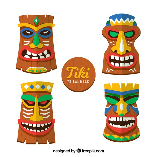 Flat set of colorful tiki masks