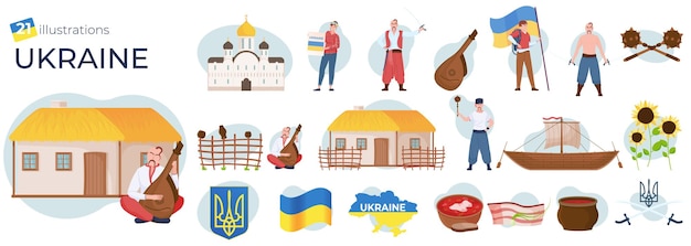 Flat set of compositions with ukraine symbols flag buildings people cuisine isolated on white background vector illustration