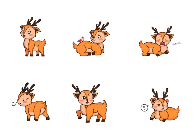 Free Vector flat set of cute fawn in different actions. cartoon character of little deer. adorable forest animal on a transparent