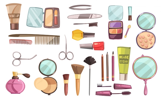 Flat set of decorative cosmetics for makeup  tools for manicure perfume and brushes isolated vector 