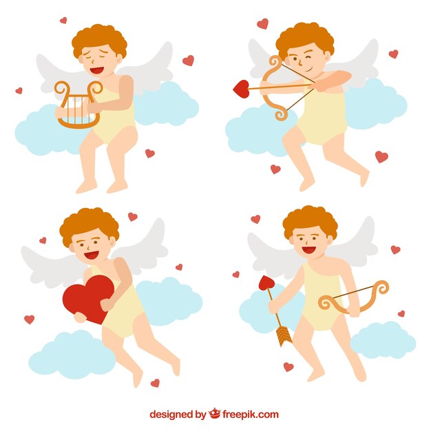 Flat set of fantastic cupid character with different objects