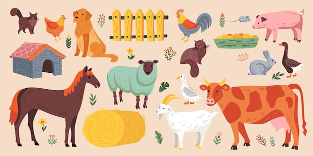 Free Vector flat set of farm objects and domestic animals with cattle birds and pets isolated on color background vector illustration