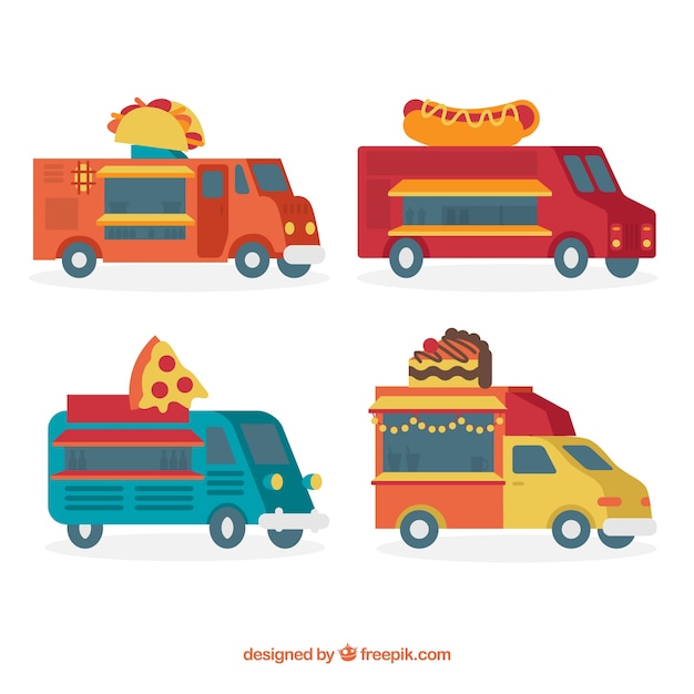 Flat set of food trucks with fast food