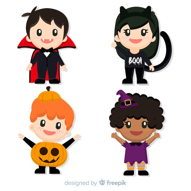 Flat set of halloween kids characters