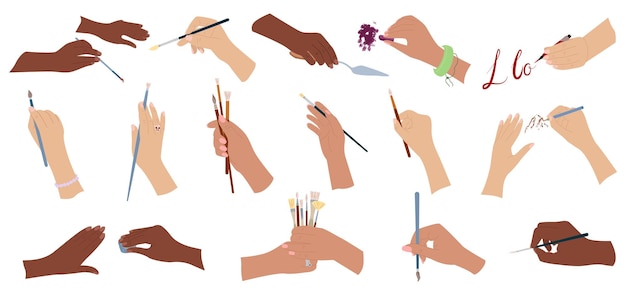 Flat set of human hands holding paintbrushes pencils spatula crayon isolated vector illustration