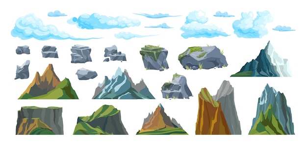 Free Vector flat set of isolated mountains clouds and stones of different size and shape vector illustration