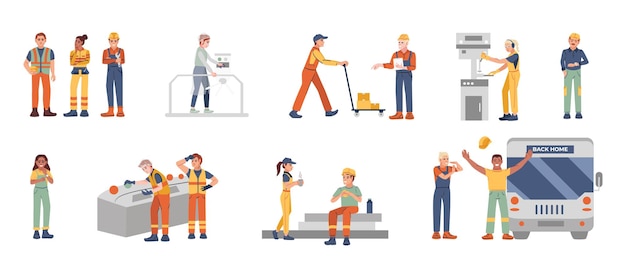 Free Vector flat set of male and female factory workers in uniform isolated vector illustration