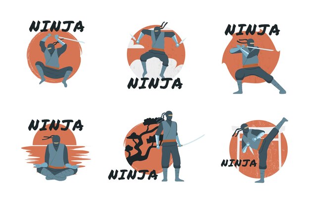 Flat set of ninja emblems with warrior characters meditating and training with weapons isolated vector illustration